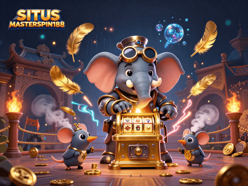 SITUS MASTERSPIN188 features a vibrant 3D scene with a steampunk elephant engineer at a golden slot machine.