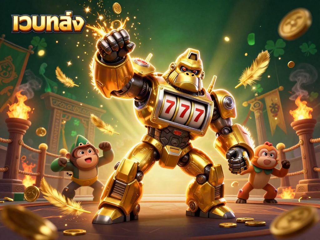 Win big with เว็บตรง featuring an ultra-detailed 3D gorilla mech amidst dynamic casino action.
