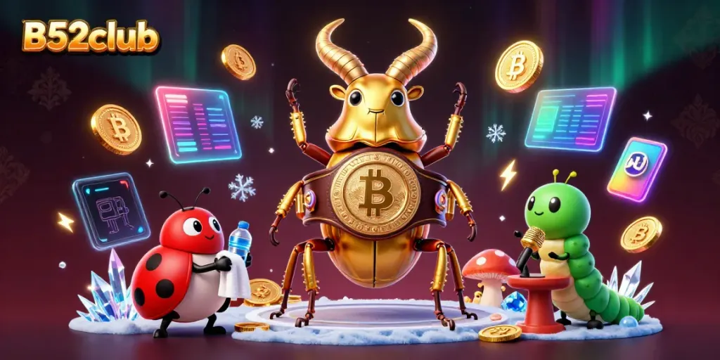 Engage with B52club's thrilling gaming scene, featuring vibrant 3D characters and crypto elements.