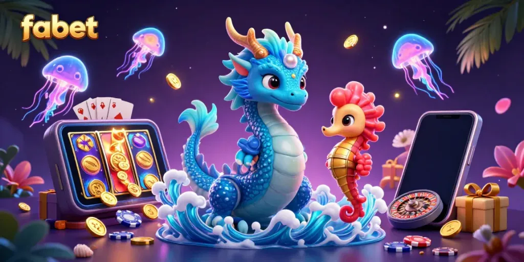 Experience fun gaming adventures at fabet with a dazzling azurite dragon and vibrant casino elements.