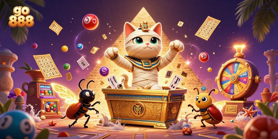 Engage in thrilling adventures with go 888 featuring a mummy cat and scarab beetle in a vibrant casino scene.