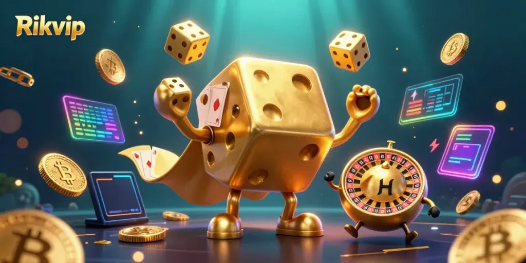 Experience the thrill of Rikvip with a 3D visualization of vibrant golden dice and blockchain elements.