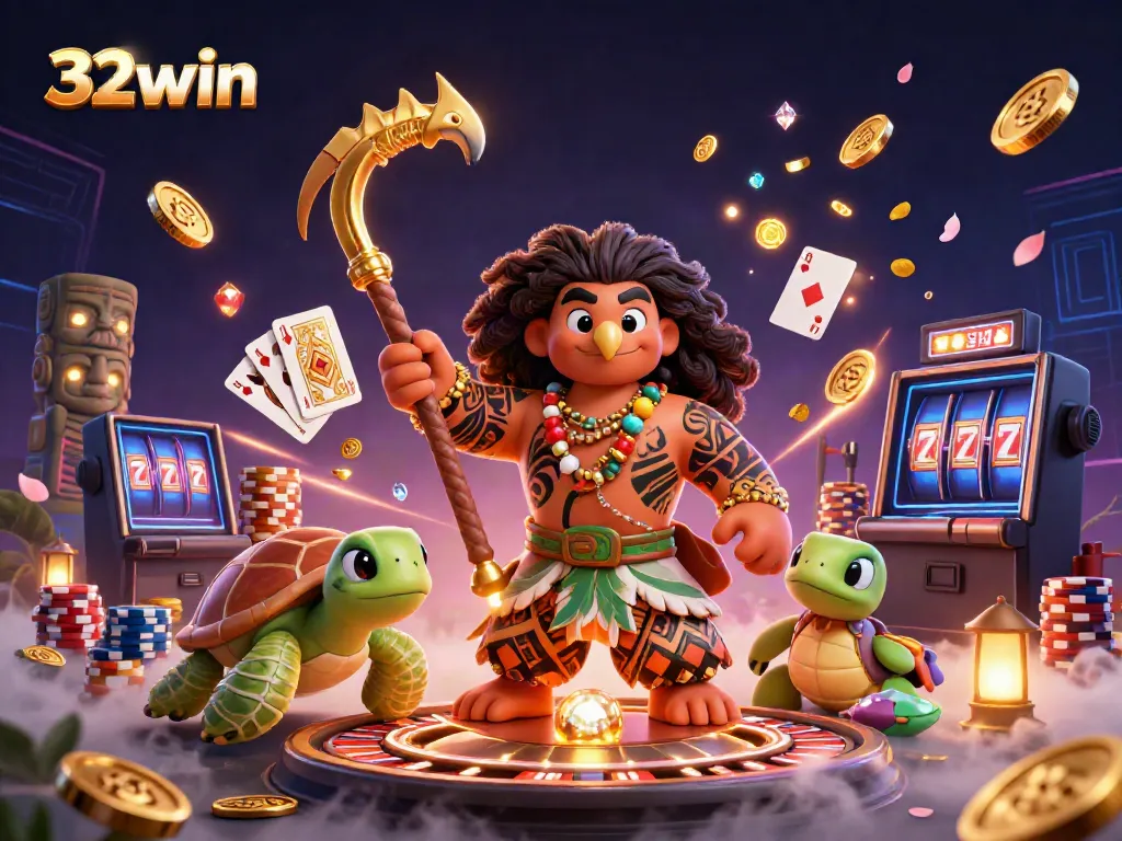 Experience excitement at 32win with a vibrant 3D casino illustration of games and rich rewards.