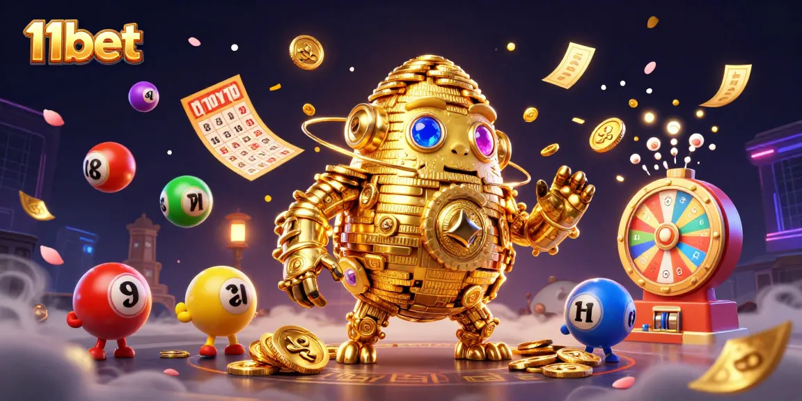 Play with 11bet in a vibrant casino scene filled with golden golems and dynamic lottery elements.