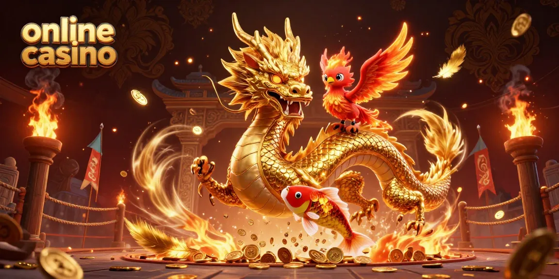 Experience the excitement of an online casino with a dragon, phoenix, and koi fish amidst lavish gold.