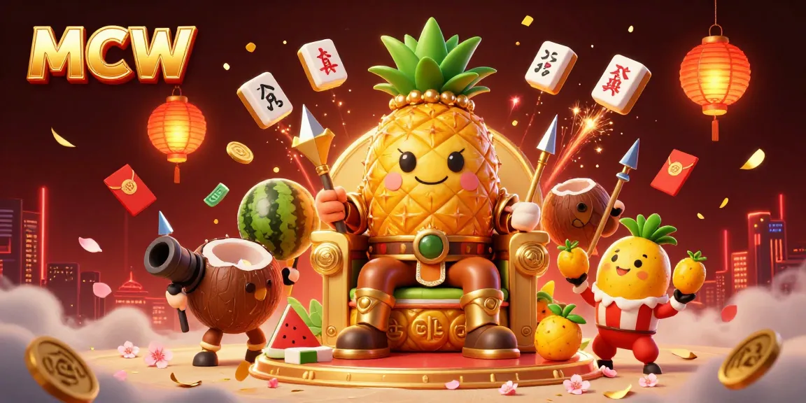Engage with MCW's vibrant beach casino featuring a golden pineapple king, a watermelon cannon, and joyful gambling elements.