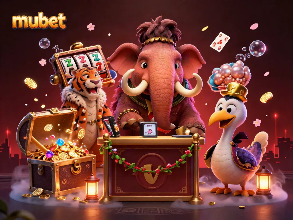 Play at mubet with an energetic 3D casino scene featuring unique characters and vibrant game elements.