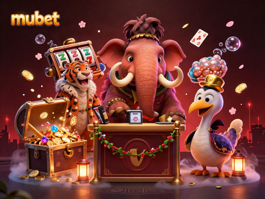 Play at mubet with an energetic 3D casino scene featuring unique characters and vibrant game elements.