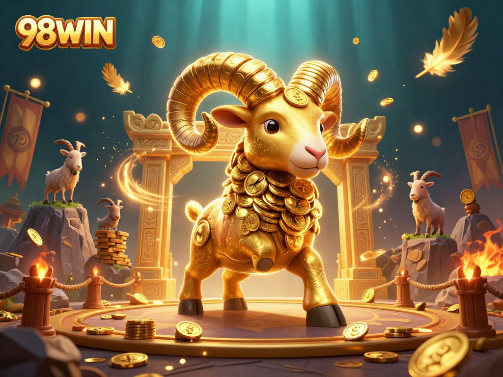 Engage with 98WIN's thrilling gaming scene featuring a golden ram charging at a jackpot gate.