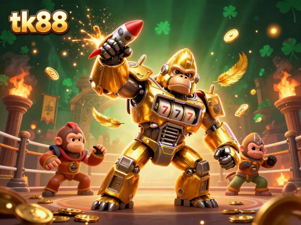 Engage with the tk88 gaming excitement through a dynamic 3D illustration showcasing the transformer-style gorilla mech surrounded by casino elements.