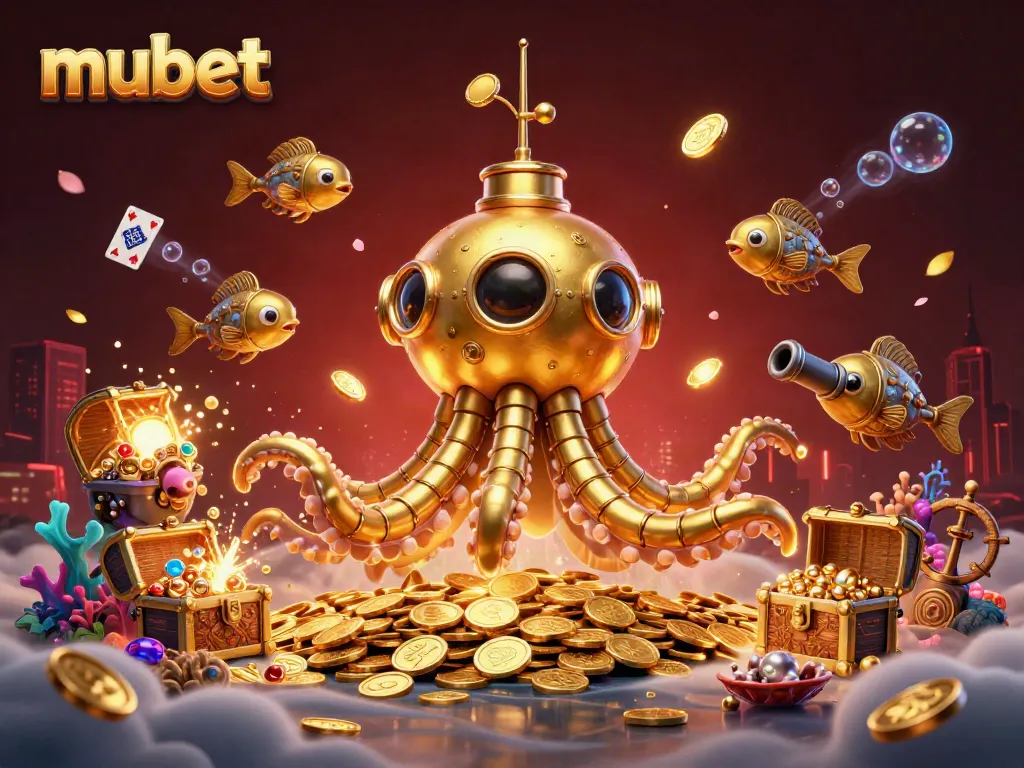 Engage in thrilling action with mubet as the golden kraken submarine emerges from a treasure-filled ocean.