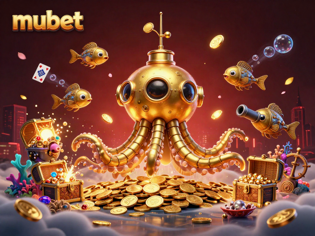 Engage in thrilling action with mubet as the golden kraken submarine emerges from a treasure-filled ocean.