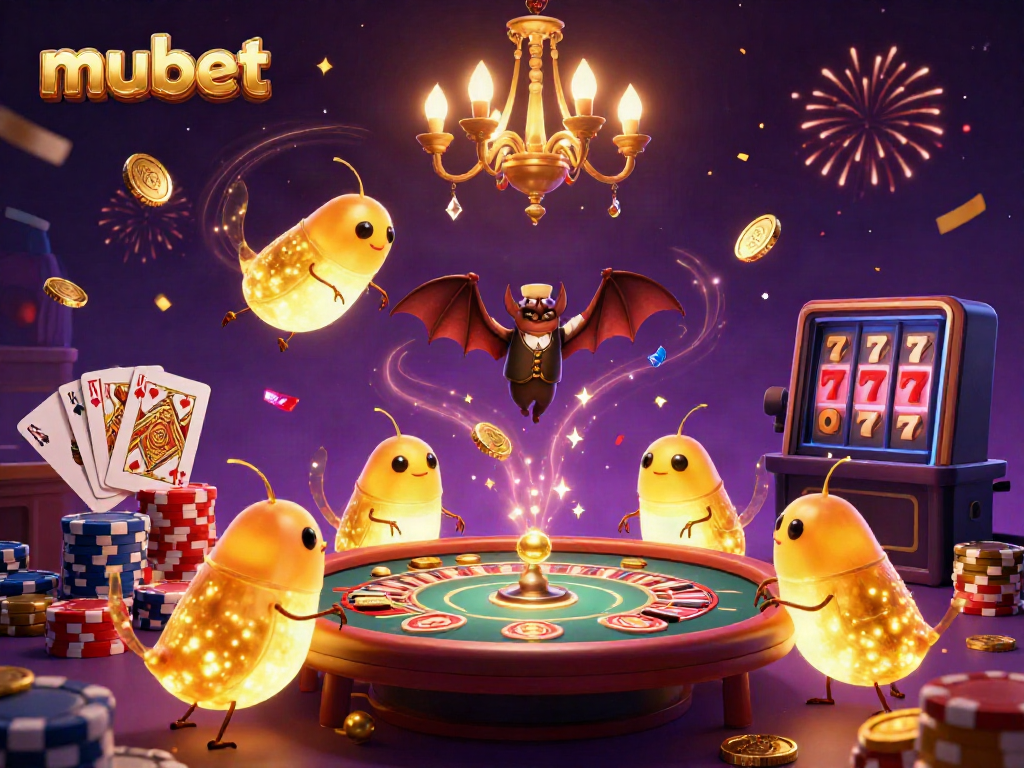 Spin and win with mubet in this lively casino scene featuring glowworms and a bat dealer.
