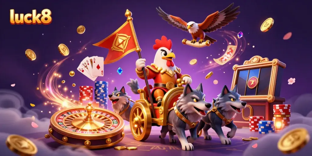 Experience luck8's thrilling casino moments with dynamic golden coins and a majestic rooster warlord.