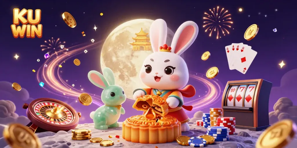 Experience the festive KU WIN celebration with a lunar rabbit revealing poker chips and dazzling casino elements.