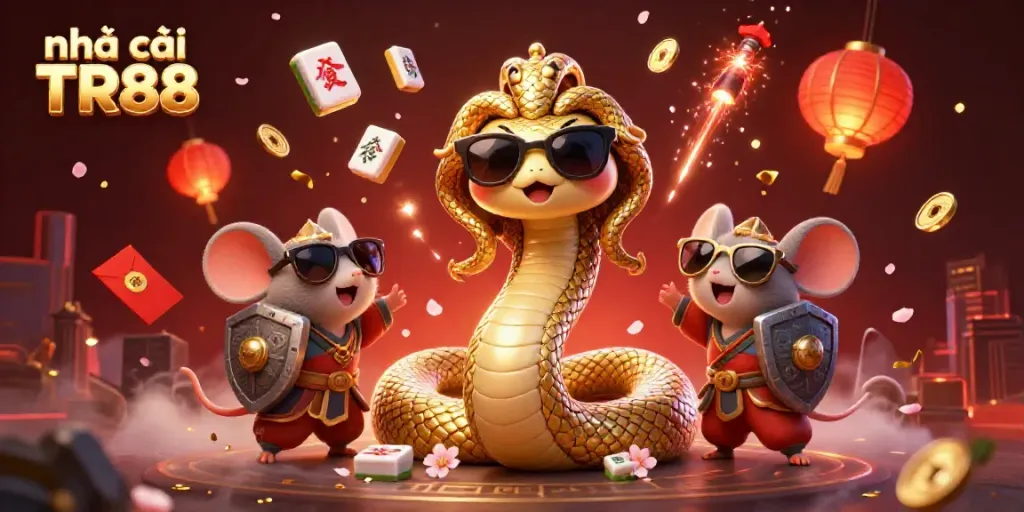 Experience the thrill and fun of Nhà cái TR88 with Medusa and a warrior mouse in a vibrant casino setting.