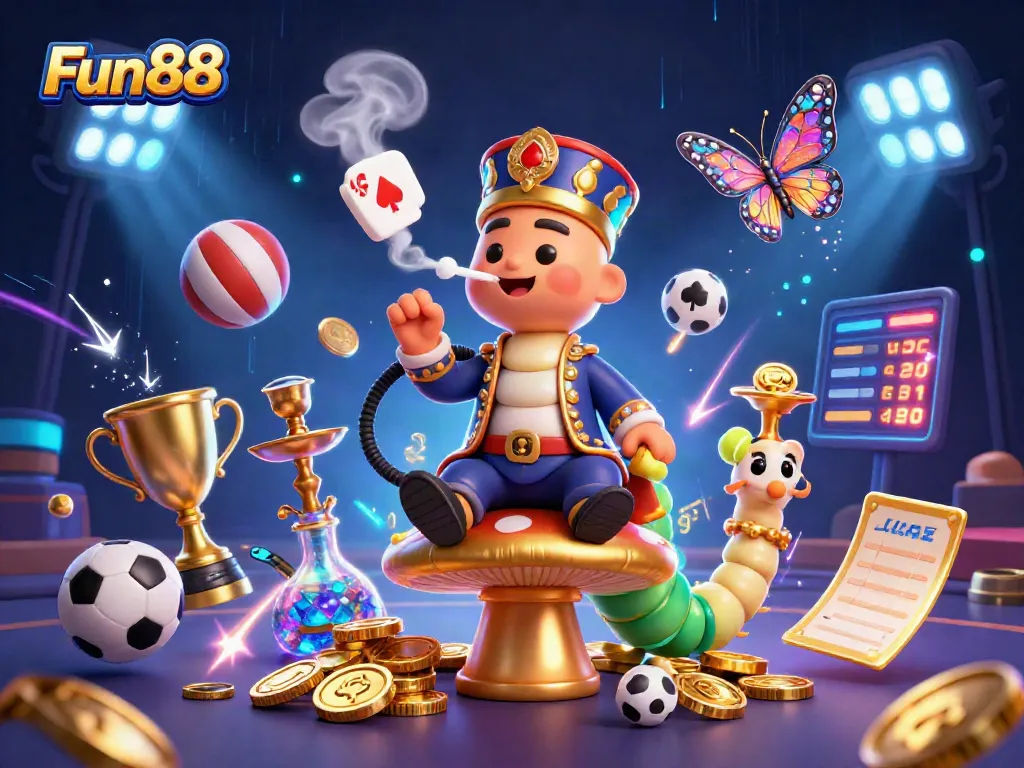 Experience the excitement of Fun88 with a vibrant 3D illustration featuring gaming elements and sports.