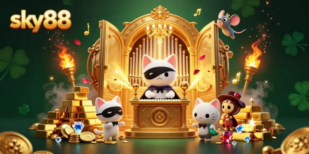 Experience excitement at sky88 with a captivating casino-themed illustration featuring unique characters and elements.