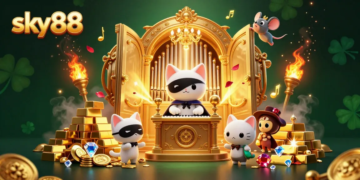 Experience excitement at sky88 with a captivating casino-themed illustration featuring unique characters and elements.