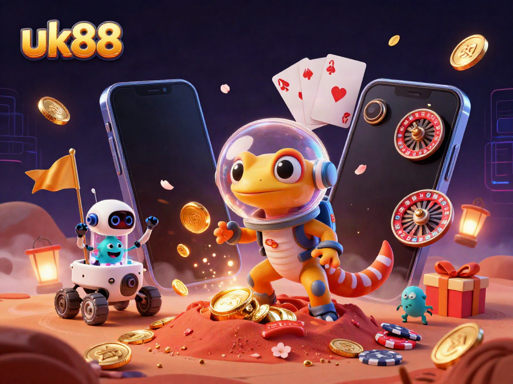 Engage with uk88's vibrant 3D casino world as the Martian gecko discovers treasures.