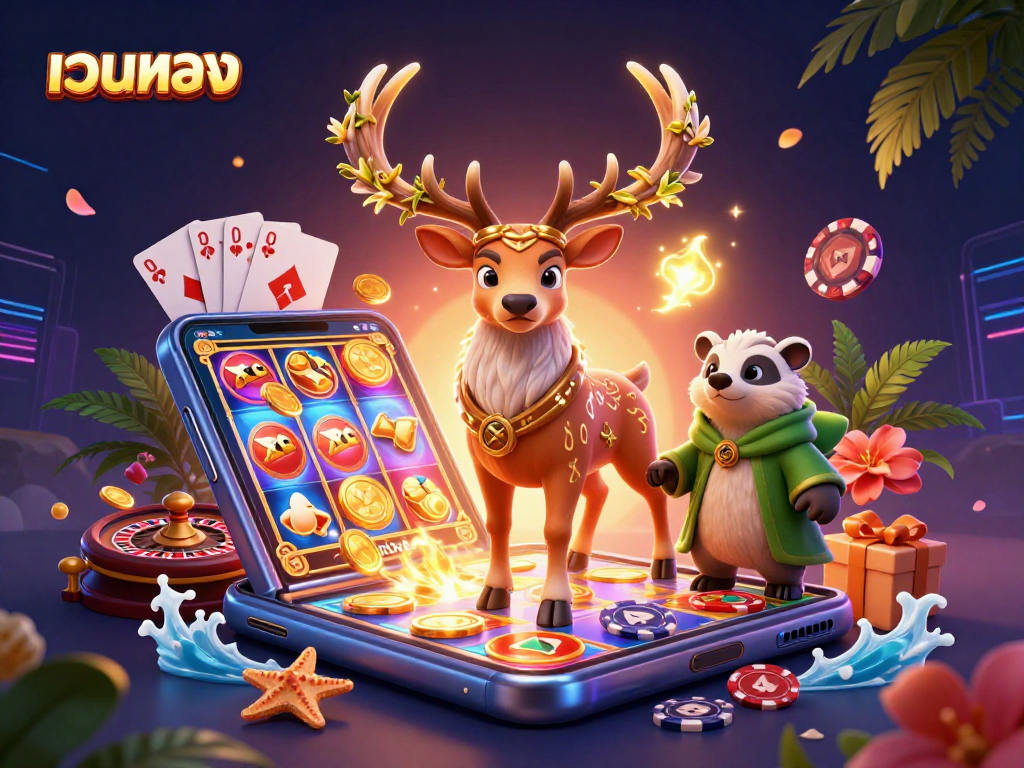 Engage with เว็บตรง's colorful online slots and casino action with this dynamic digital illustration.