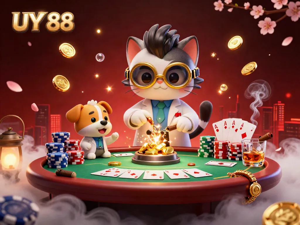 Experience thrilling gameplay with UY 88 in a dynamic casino scene featuring a mad scientist cat and dog.
