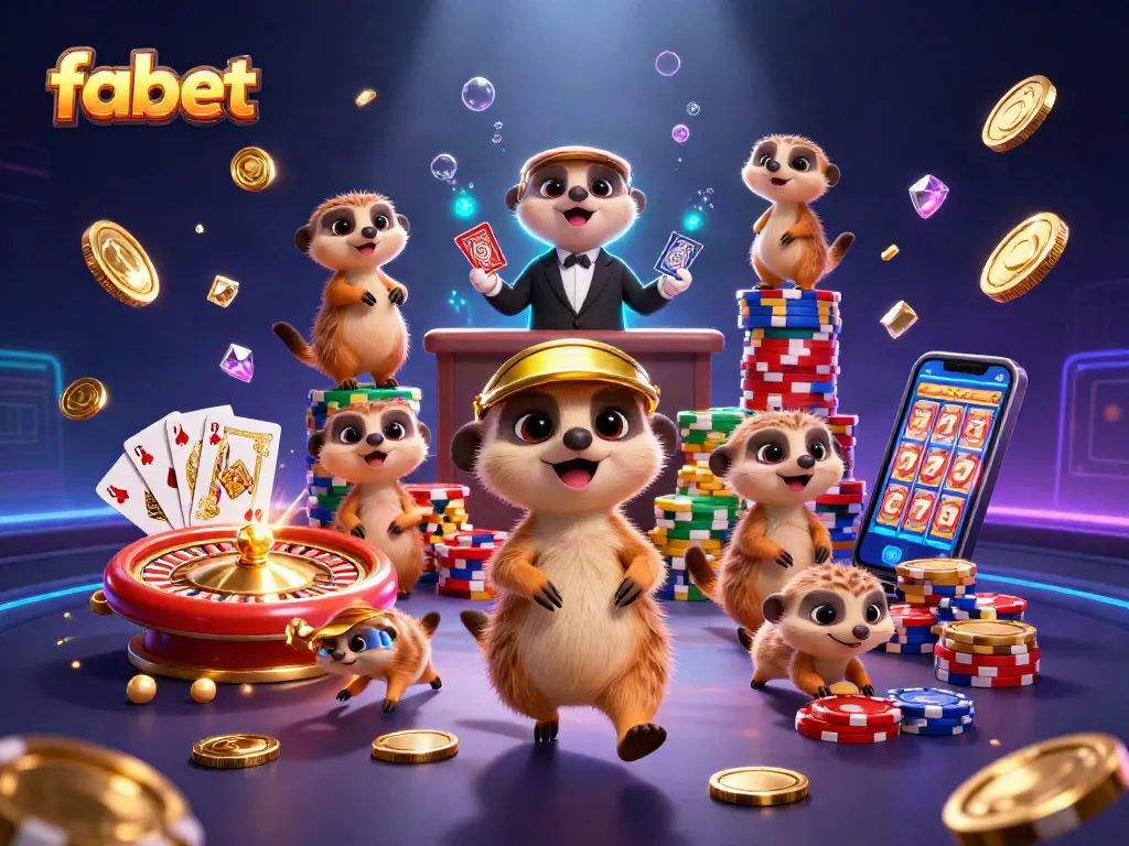 Fabet gaming action with meerkats at a vibrant casino, showcasing chips and dynamic play.