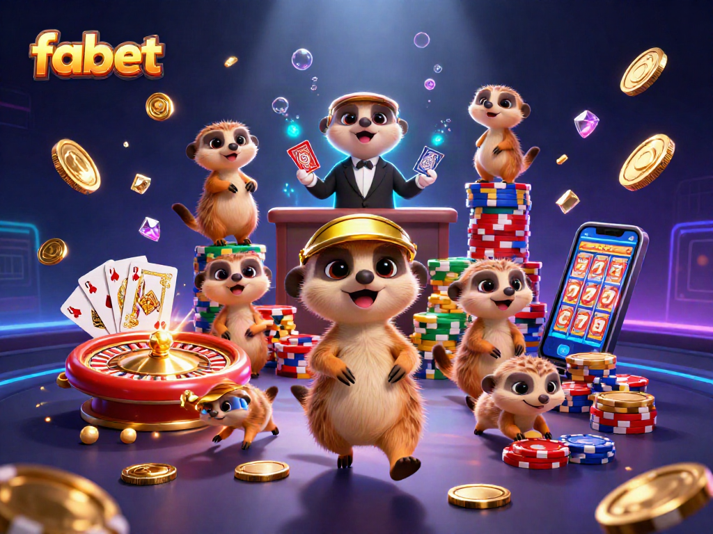 Fabet gaming action with meerkats at a vibrant casino, showcasing chips and dynamic play.
