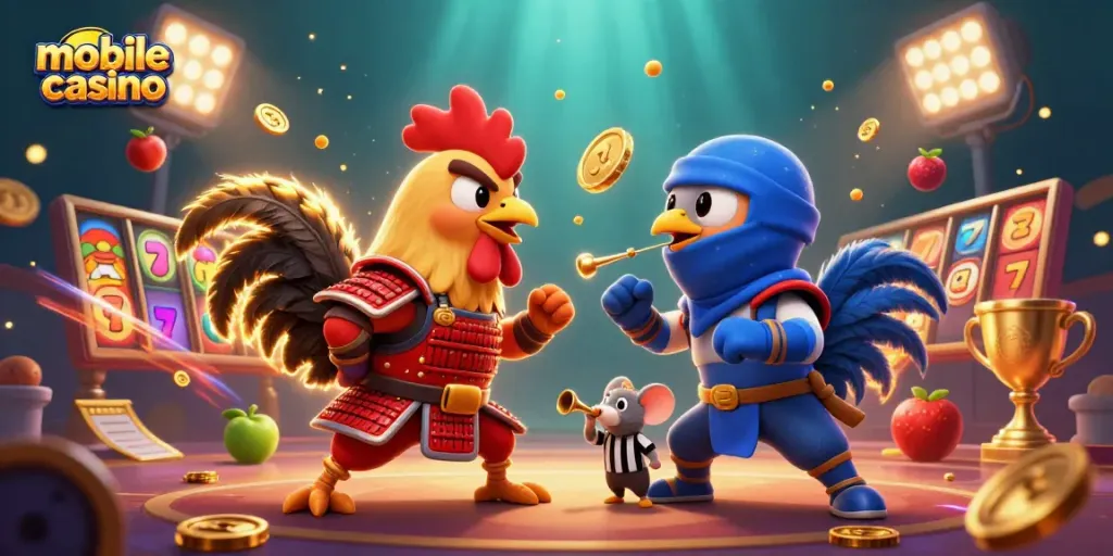 Engage in winning strategies with mobile casino games and character combat in a vibrant scene.
