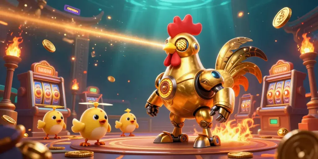 Engage in thrilling games at 789WIN with a golden rooster robot and baby chick drones in a vibrant casino.
