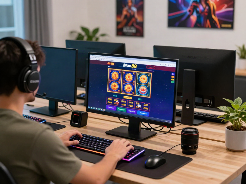 Exciting online gaming experience at https://man88pro.com/ showcasing a player engaged with vibrant game graphics and modern accessories.