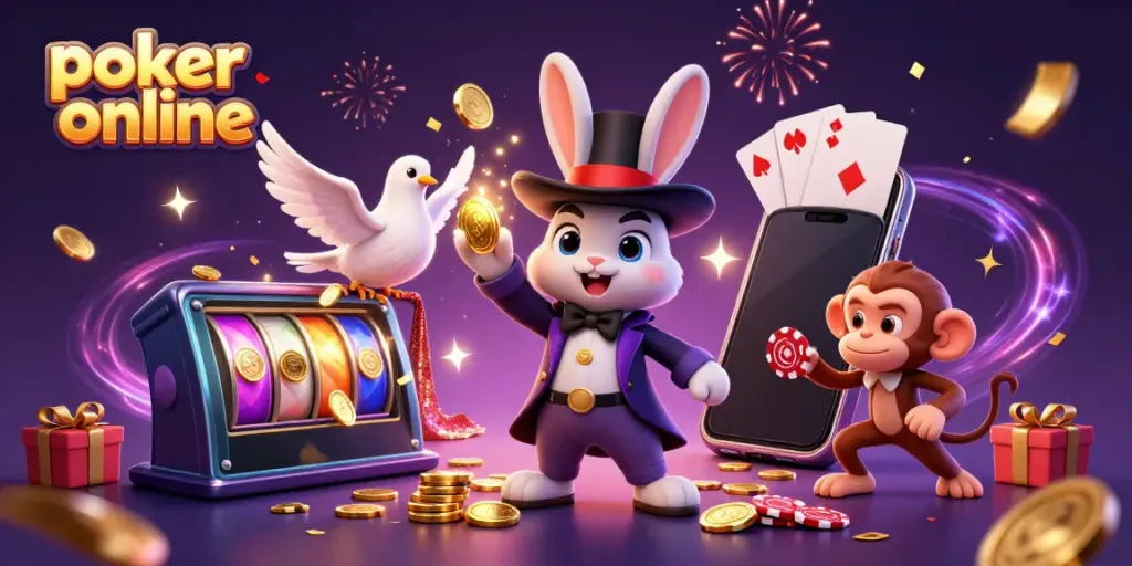Experience poker online with a playful scene featuring a magician rabbit and thematic elements.