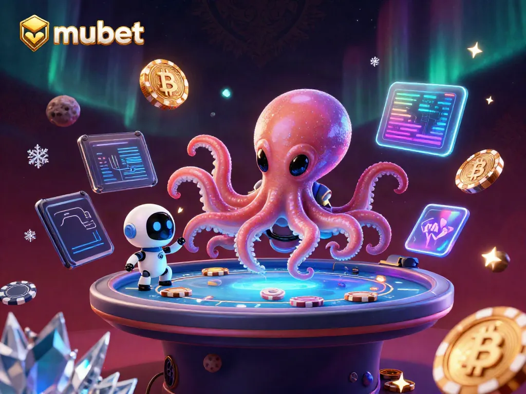 Engage with mubet in a vibrant online poker scene featuring an alien octopus and floating holograms.