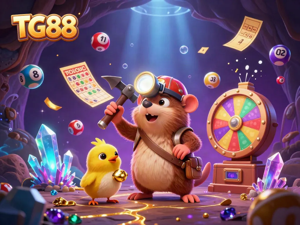 Engage in thrilling gambling experience with TG88, featuring colorful lottery elements and a treasure-hunting mole character.