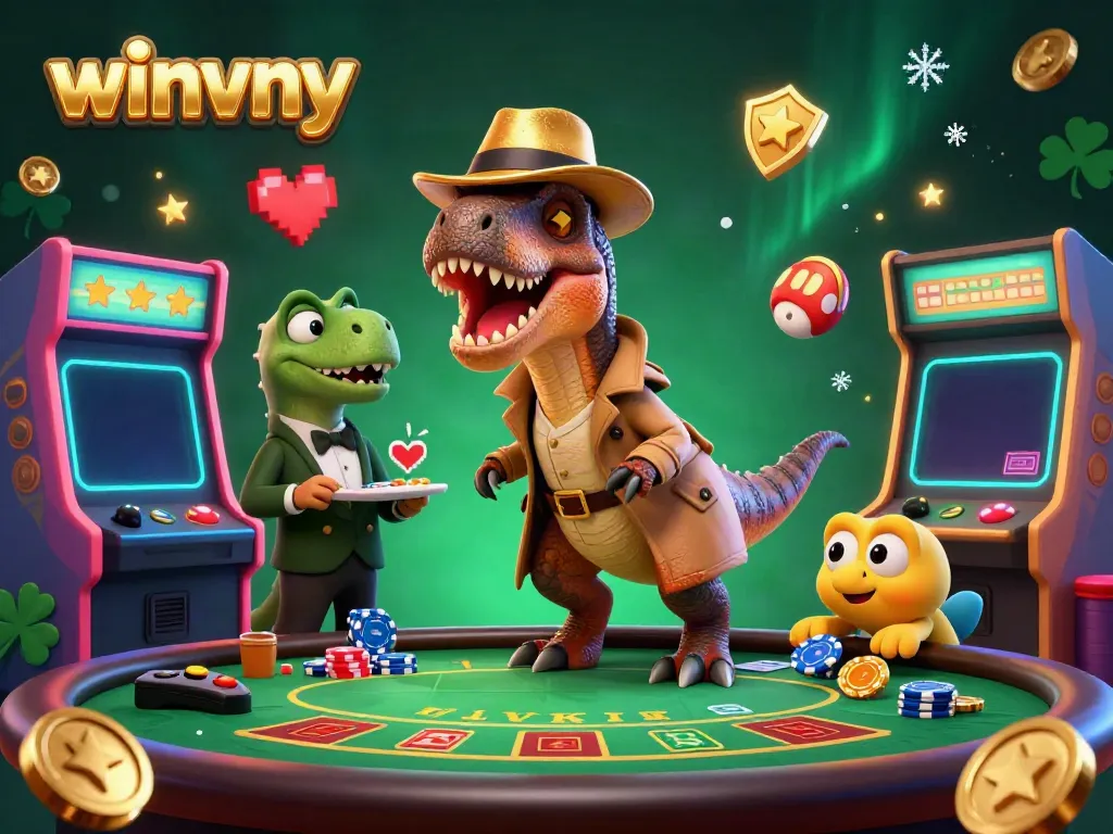 Experience thrilling gameplay with winvny featuring a cunning velociraptor at blackjack, surrounded by vibrant casino elements.