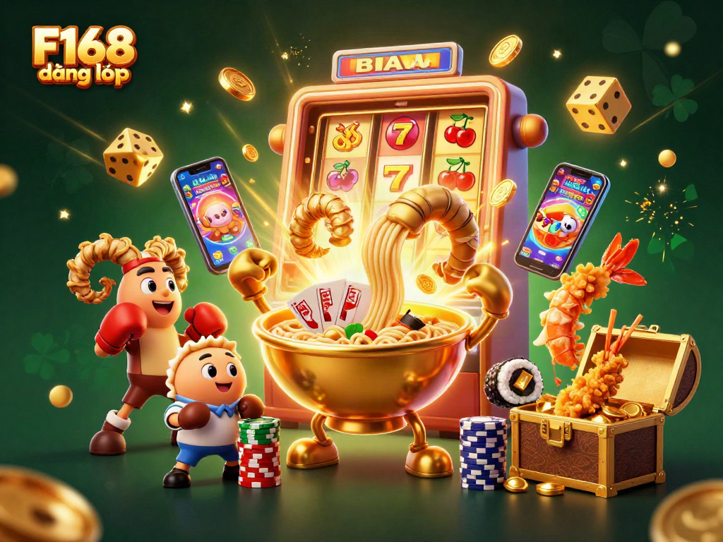 Winning players enjoy F168 đăng nhập with a lively cartoon casino scene filled with action and excitement.