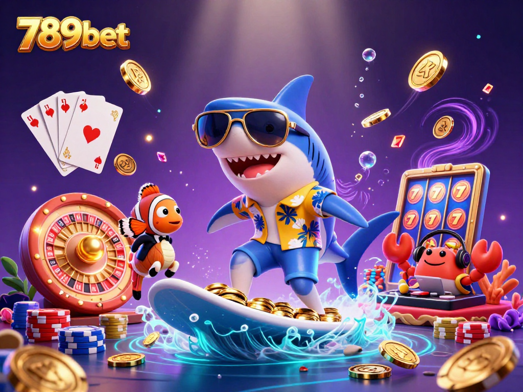 Engaging 789bet illustration showcasing a shark surfing coins, enhancing the gambling experience.