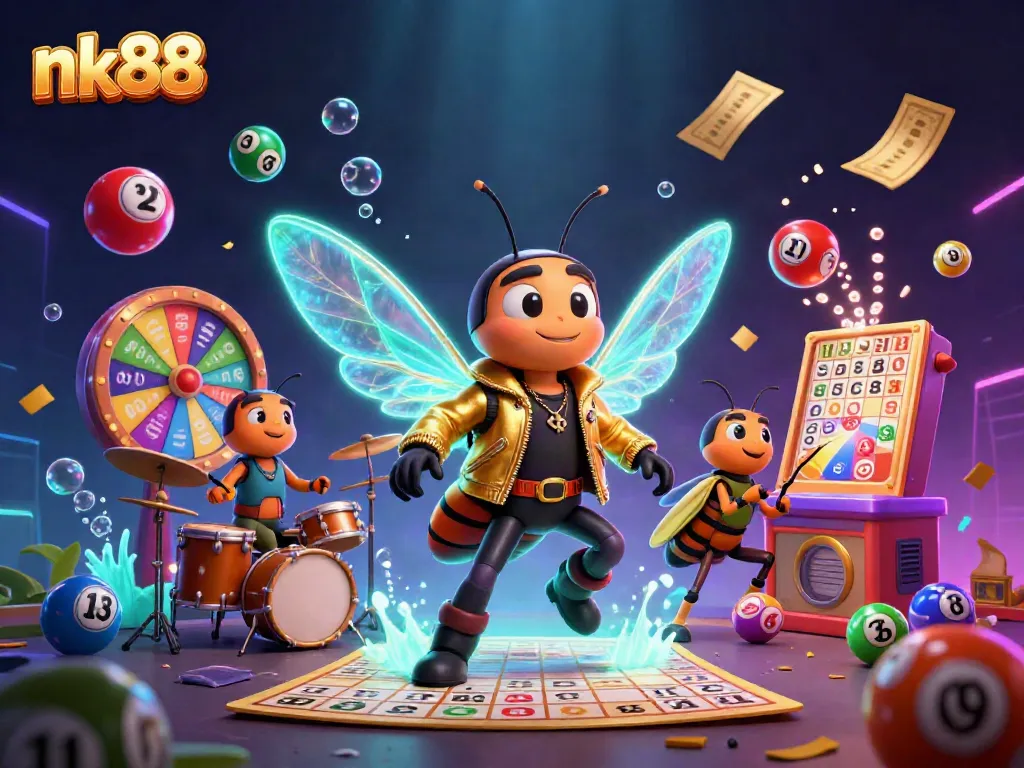 Experience thrilling betting at nk88 with vibrant lottery balls and a cicada rock star in a dynamic casino scene.