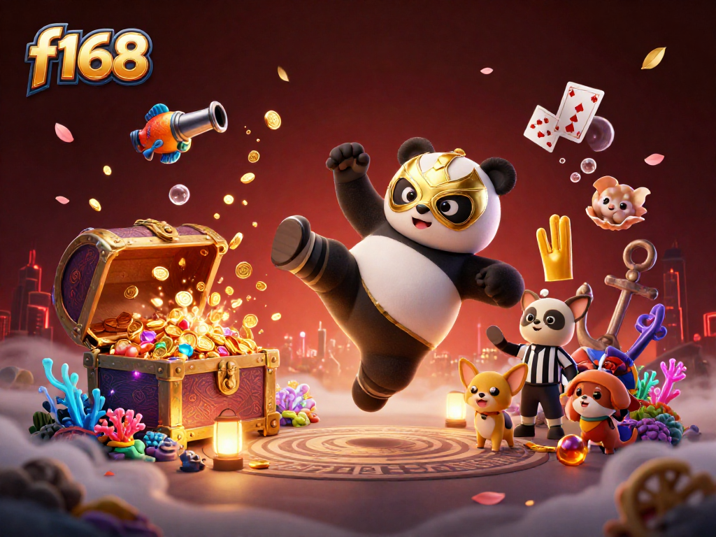 Experience thrilling action at f168 with a panda wrestler kicking while casino elements abound.