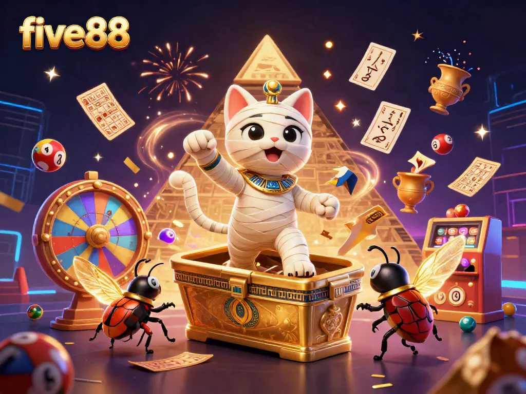 Experience excitement at five88 with 3D mummy cat and vivid lottery scenes, bursting with energetic gaming elements.