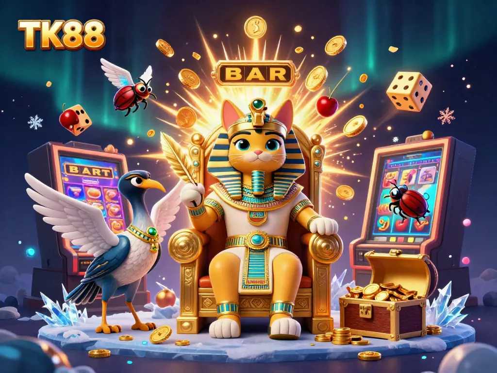 Experience the excitement of TK88 with a stunning 3D scene full of vibrant casino elements and characters.