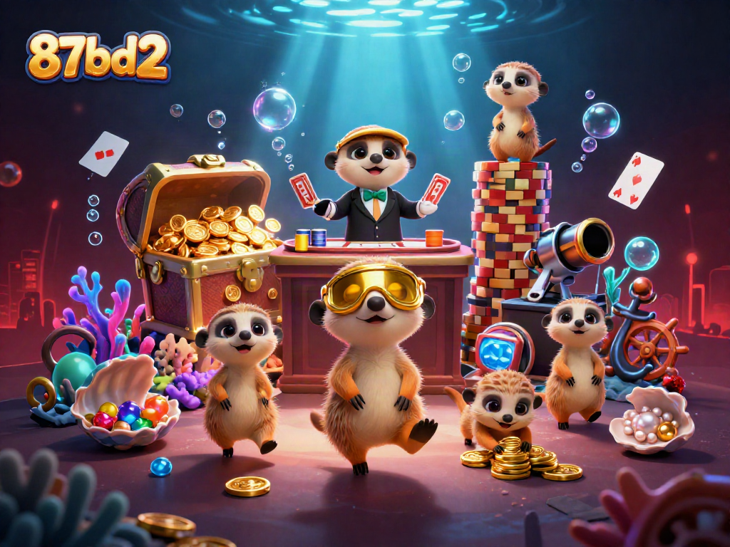 87bd2 showcases meerkats managing a vibrant underwater casino filled with treasures and vibrant gaming elements.