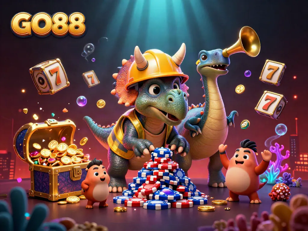 GO88 vibrant casino illustration with triceratops building poker chip pyramid amid slot reels and treasures.