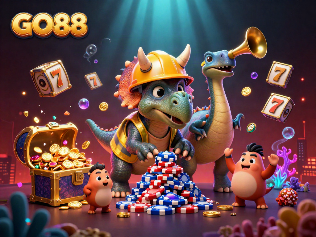 GO88 vibrant casino illustration with triceratops building poker chip pyramid amid slot reels and treasures.
