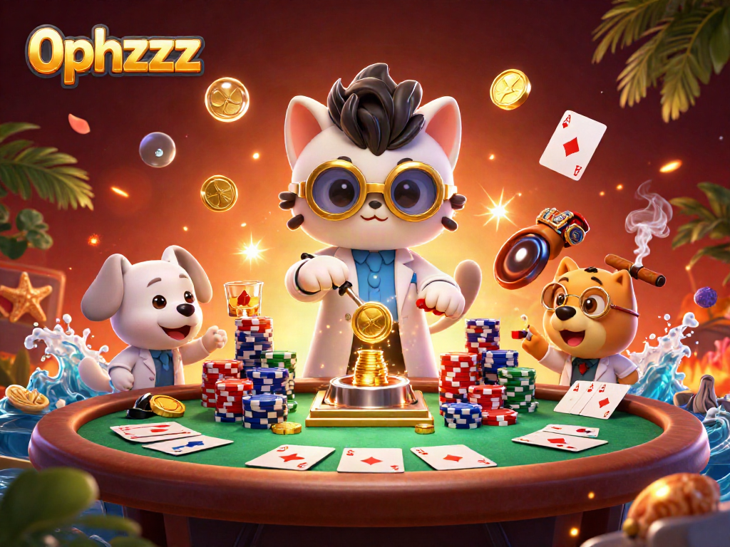 Experience the thrill of 0phzzz casino games with a fun 3D illustration featuring poker elements.