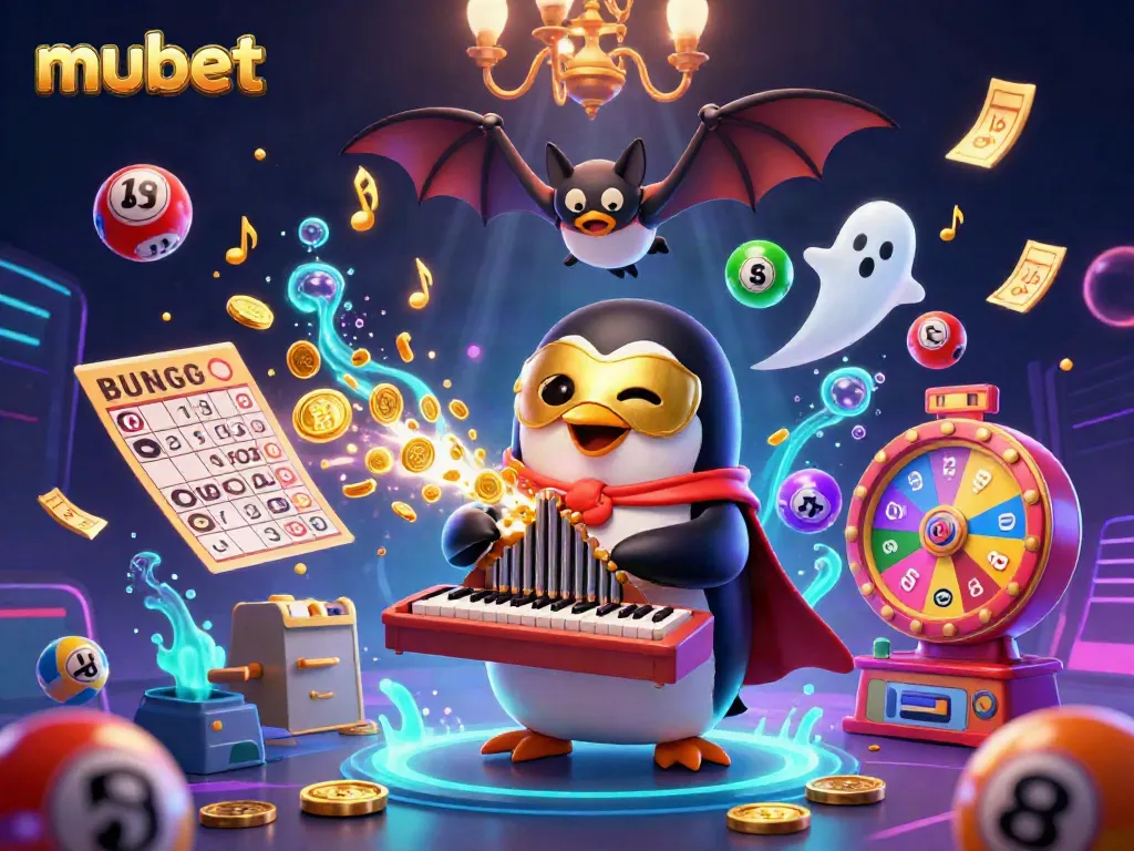 Engage with mubet's vibrant casino world through this dazzling 3D illustration of a phantom opera penguin playing a golden pipe organ.