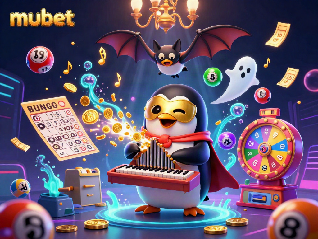 Engage with mubet's vibrant casino world through this dazzling 3D illustration of a phantom opera penguin playing a golden pipe organ.