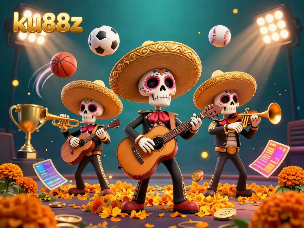 Engage with ku88z at a vibrant casino scene featuring skeleton mariachi musicians, sports elements, and lively graphics.