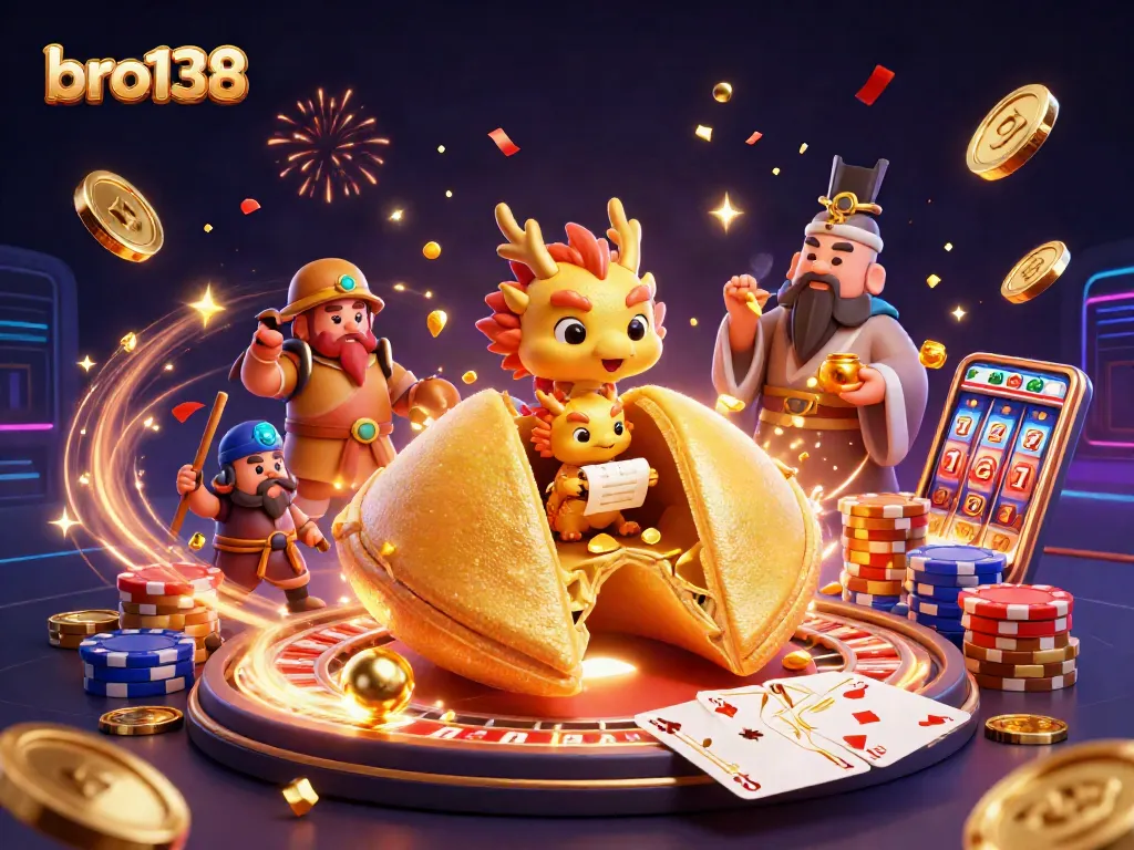 Experience bro138's vibrant gaming scene with cascading coins, fortune elements, and dynamic characters.