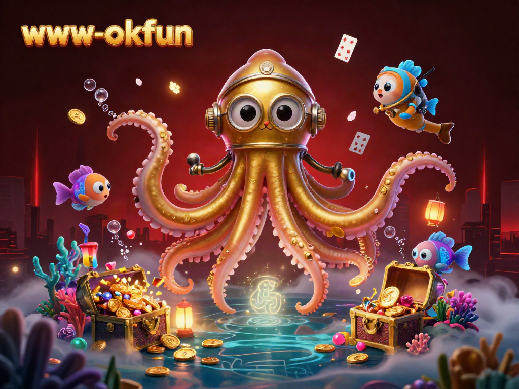 Experience excitement at www-okfun with a vibrant 3D underwater casino scene featuring a kraken and diving cat.